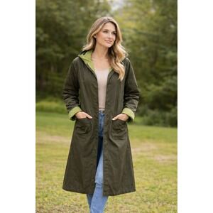 Maralyce Ferree Long Hooded Trench Coat Olive Green Brown Reversable Size S